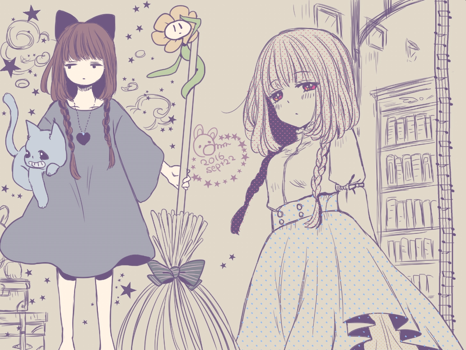 amnmiu, animal, cat, flowey_(undertale), frisk_(undertale), majo_no_takkyuubin, polychromatic, sans