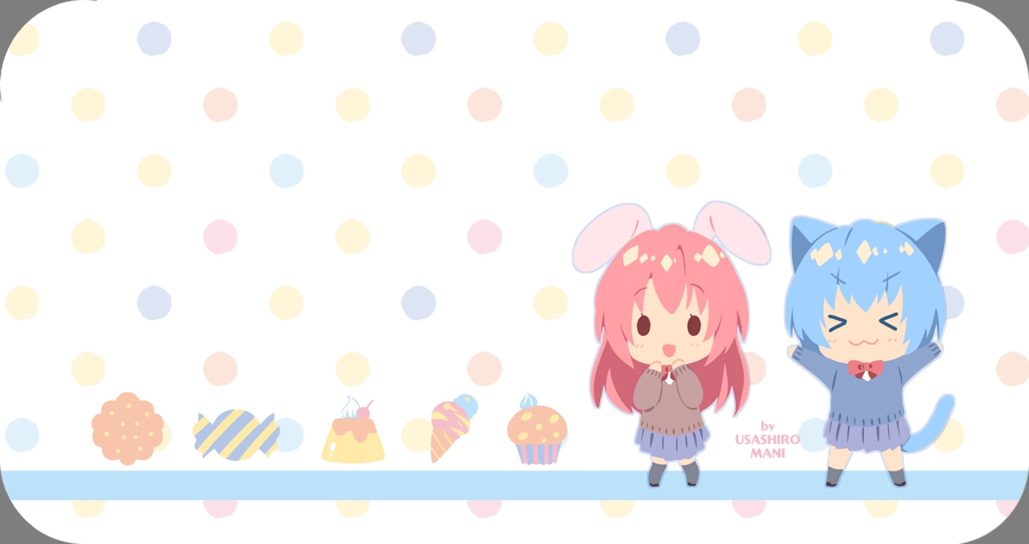 animal_ears, aqua_hair, bow, bunny_ears, bunnygirl, catgirl, chibi, kneehighs