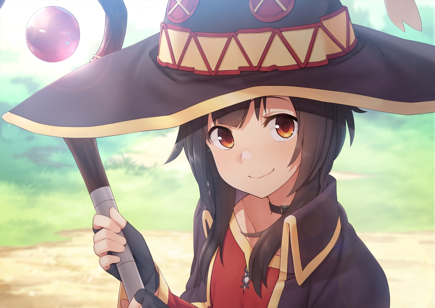 black_hair, brown_eyes, choker, close, dacchi, gloves, hat, kono_subarashii_sekai_ni_shukufuku_wo!, long_hair, megumin, weapon