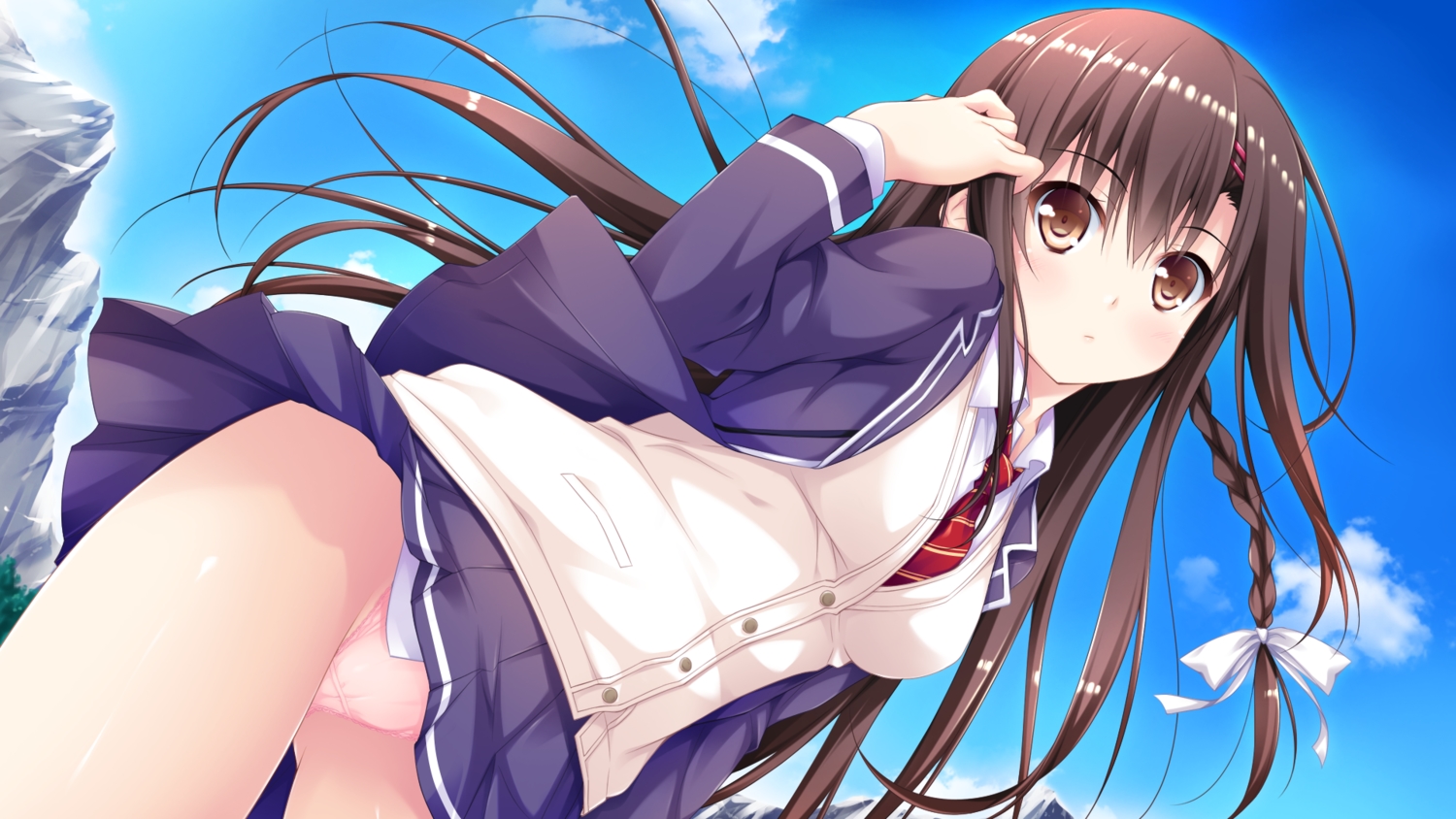 blush, braids, breasts, brown_eyes, brown_hair, clouds, game_cg, hatsukoi_sankaime, kusunoha_misaki, long_hair, narumi_yuu, panties, school_uniform, skirt, skirt_lift, sky, tie, underwear, windmill_(company)