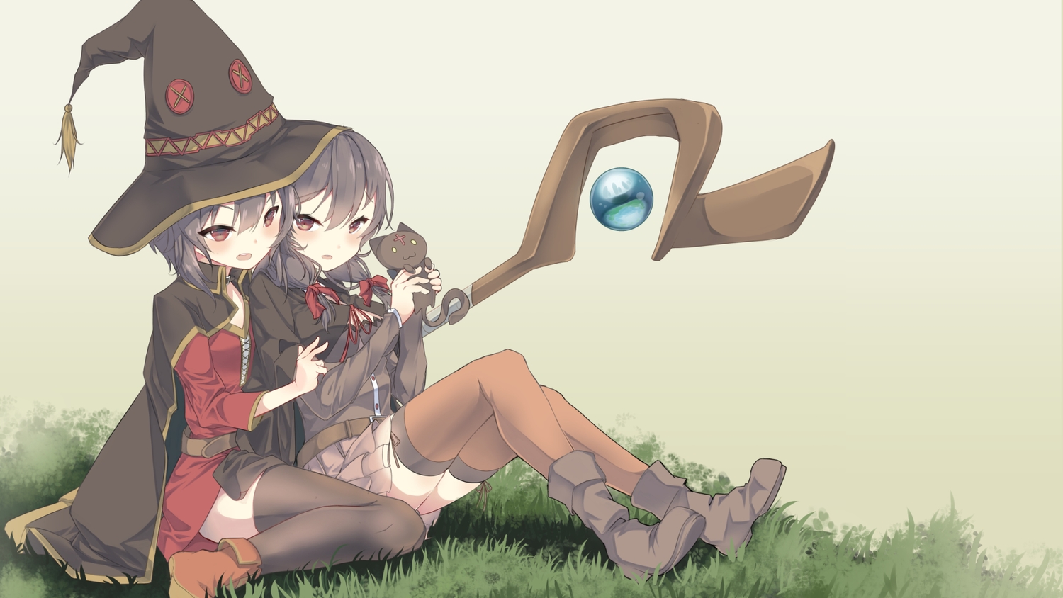 2girls, animal, blush, boots, brown_eyes, cape, carillus, cat