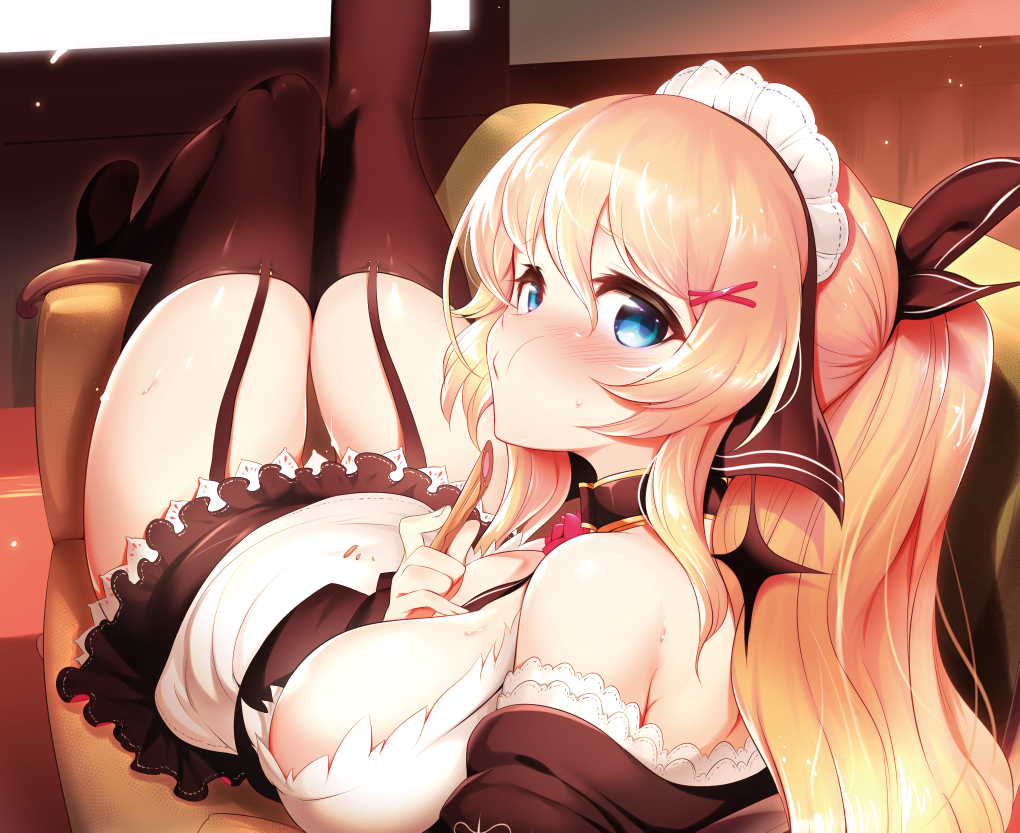 aliasing, aqua_eyes, atelier_tanaka, blonde_hair, blush, breasts, choker, couch, food, garter_belt, headdress, long_hair, maid, m-da_s-tarou, ponytail, sophia_(atelier_tanaka), stockings, thighhighs