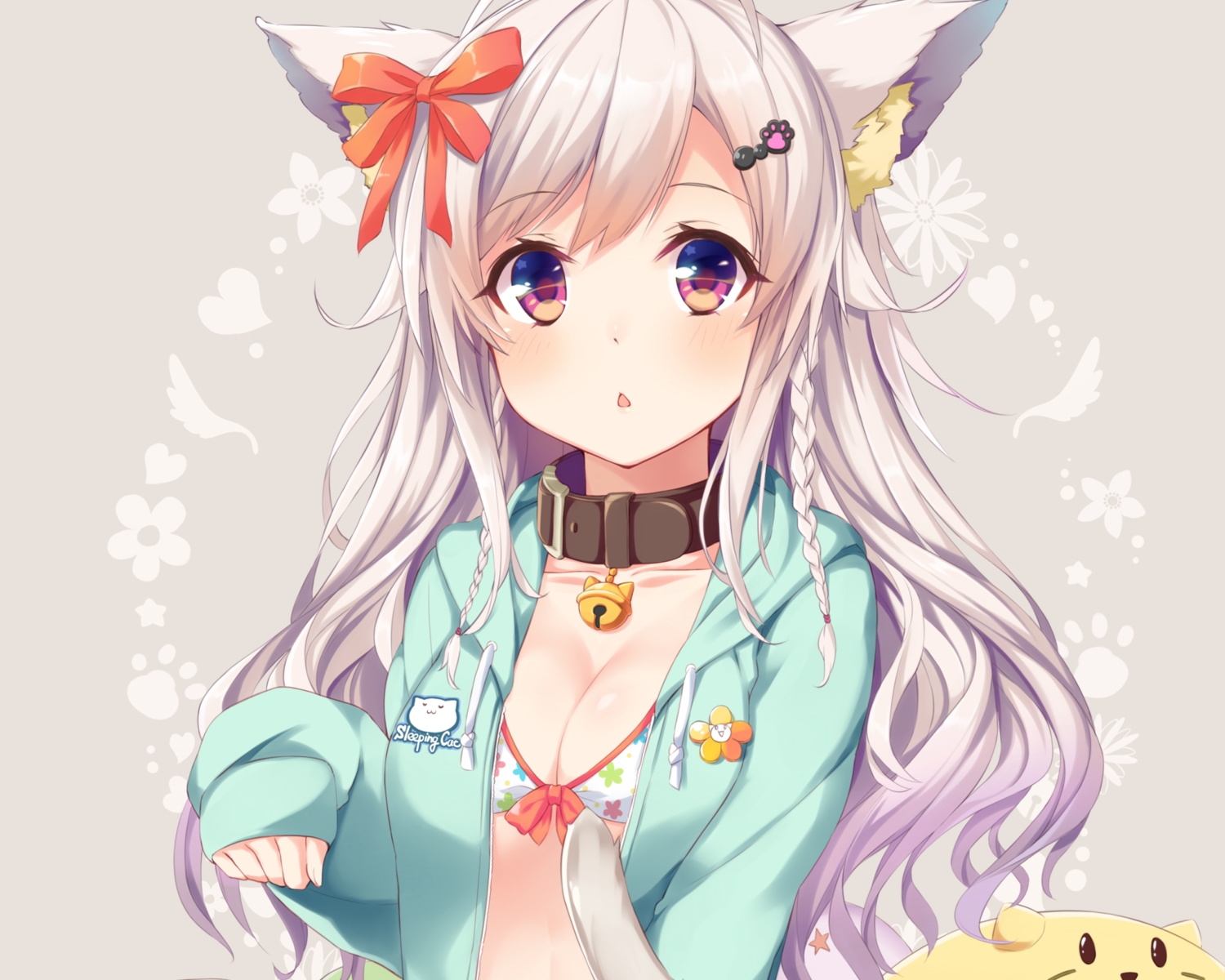 animal_ears, bikini, blush, braids, breasts, catgirl, choker, cleavage, cropped, gray_hair, long_hair, open_shirt, original, swimsuit, tail, takehana_note