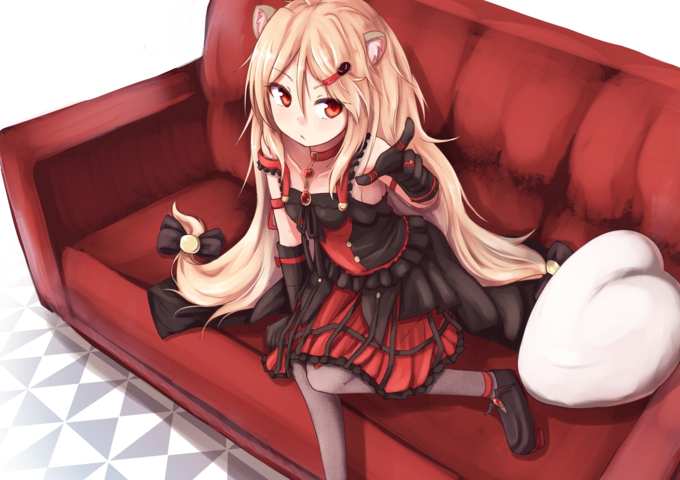 ailane, animal_ears, baram, blonde_hair, bow, choker, dress, gloves, long_hair, pantyhose, red_eyes, show_by_rock!!
