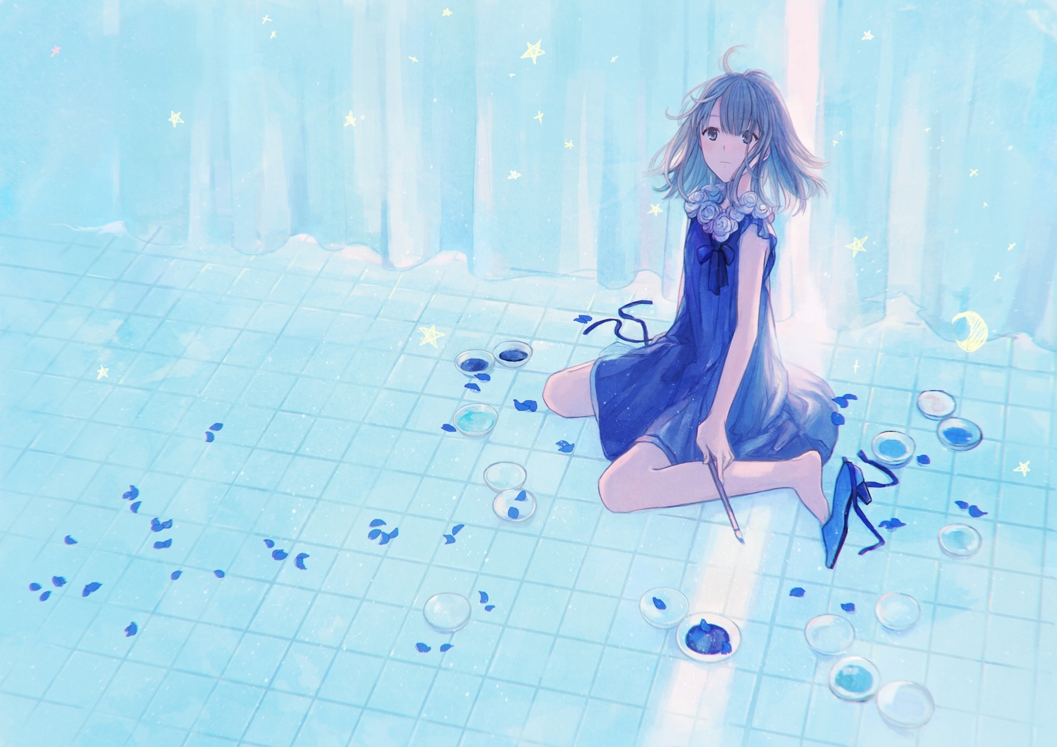 aqua_eyes, aqua_hair, blue, dress, gabaisuito-n, original, petals, short_hair