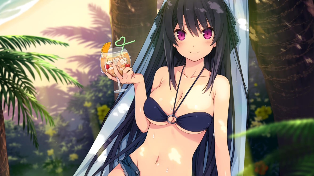 akinashi_yuu, ao_no_kanata_no_four_rhythm_-es-, beach, bikini, black_hair, blush, breasts, drink, food, fruit, game_cg, navel, pink_eyes, shorts, swimsuit, tobisawa_misaki, tree, water, wet