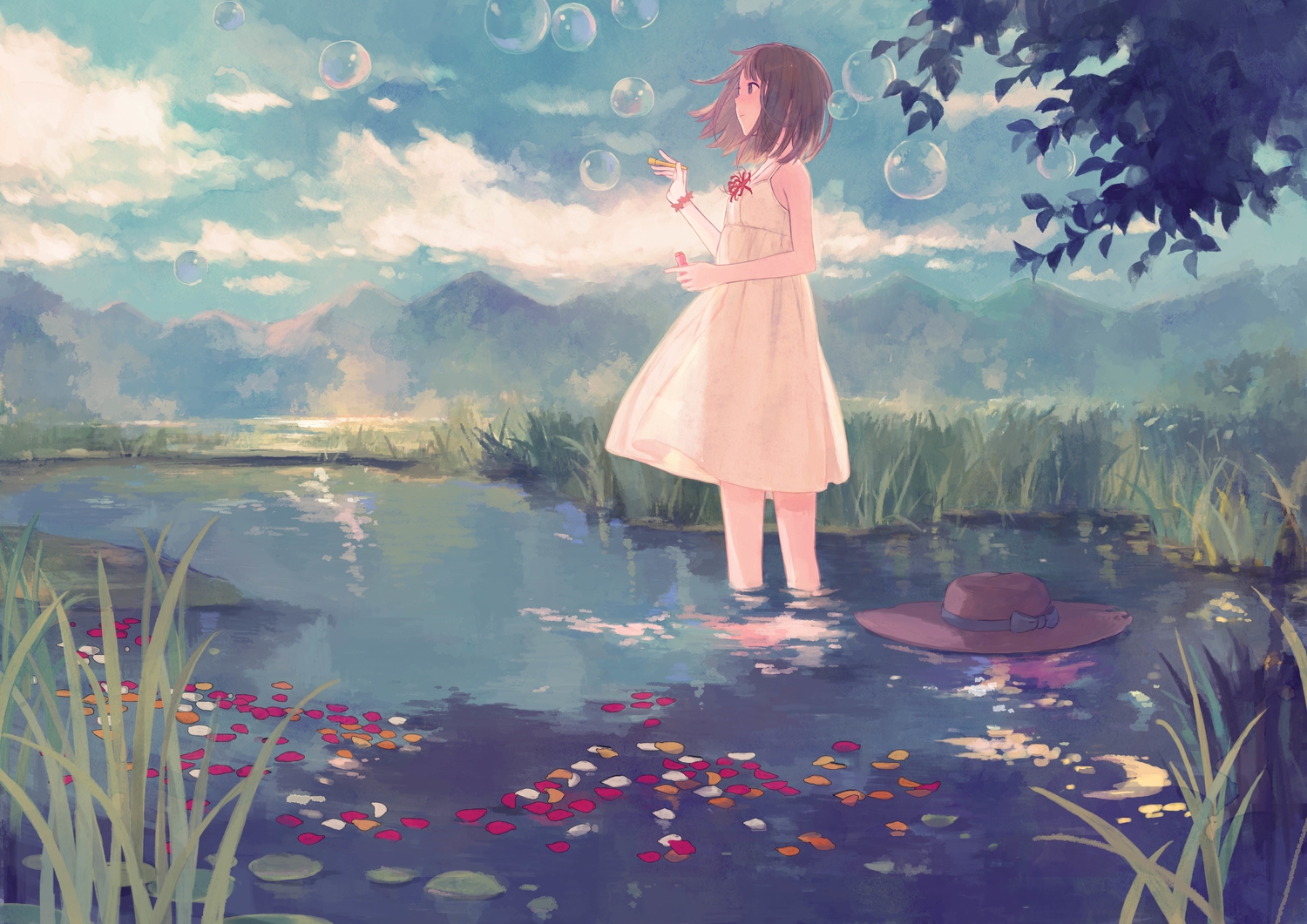 bow, brown_eyes, brown_hair, bubbles, clouds, dress, gabaisuito-n, grass
