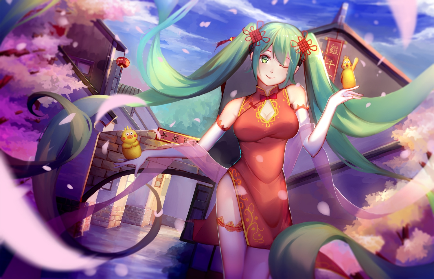 bow, breasts, building, cherry_blossoms, chinese_clothes, chinese_dress, cleavage, clouds, dress, elbow_gloves, flowers, gloves, green_eyes, green_hair, hatsune_miku, long_hair, no_bra, nopan, pekakiu, petals, sky, thighhighs, twintails, vocaloid, wink
