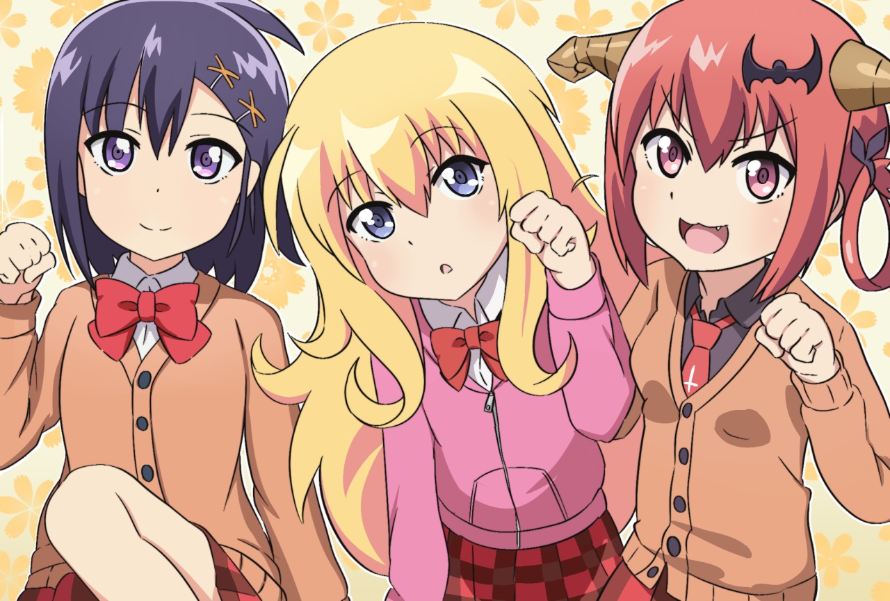 black_hair, blonde_hair, bow, cat_smile, fang, gabriel_dropout, gabriel_white_tenma, hood