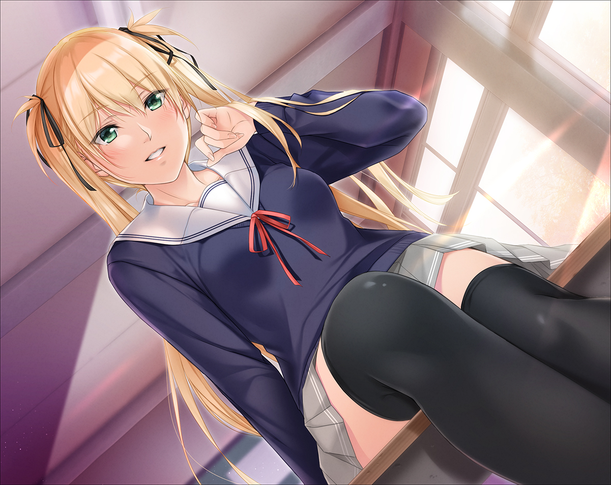 blonde_hair, blush, breasts, green_eyes, long_hair, nayuta69, original, ribbons