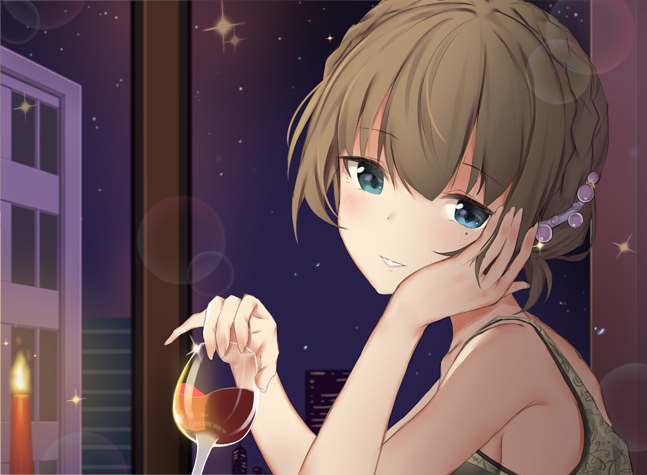 bicolored_eyes, blush, brown_hair, building, drink, fire, idolmaster, idolmaster_cinderella_girls, jirasak_santhaweesuk, night, short_hair, sky, stars, takagaki_kaede