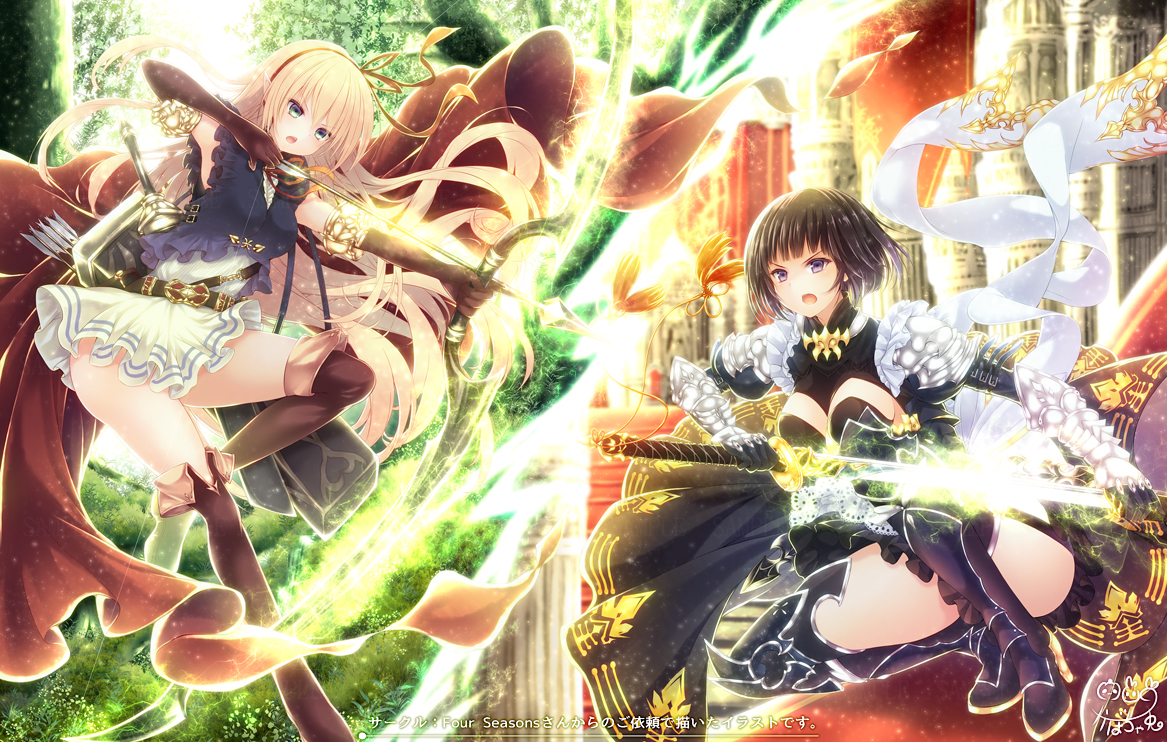 2girls, arisa_(shadowverse), black_hair, blonde_hair, bow_(weapon), breasts, dress, elbow_gloves