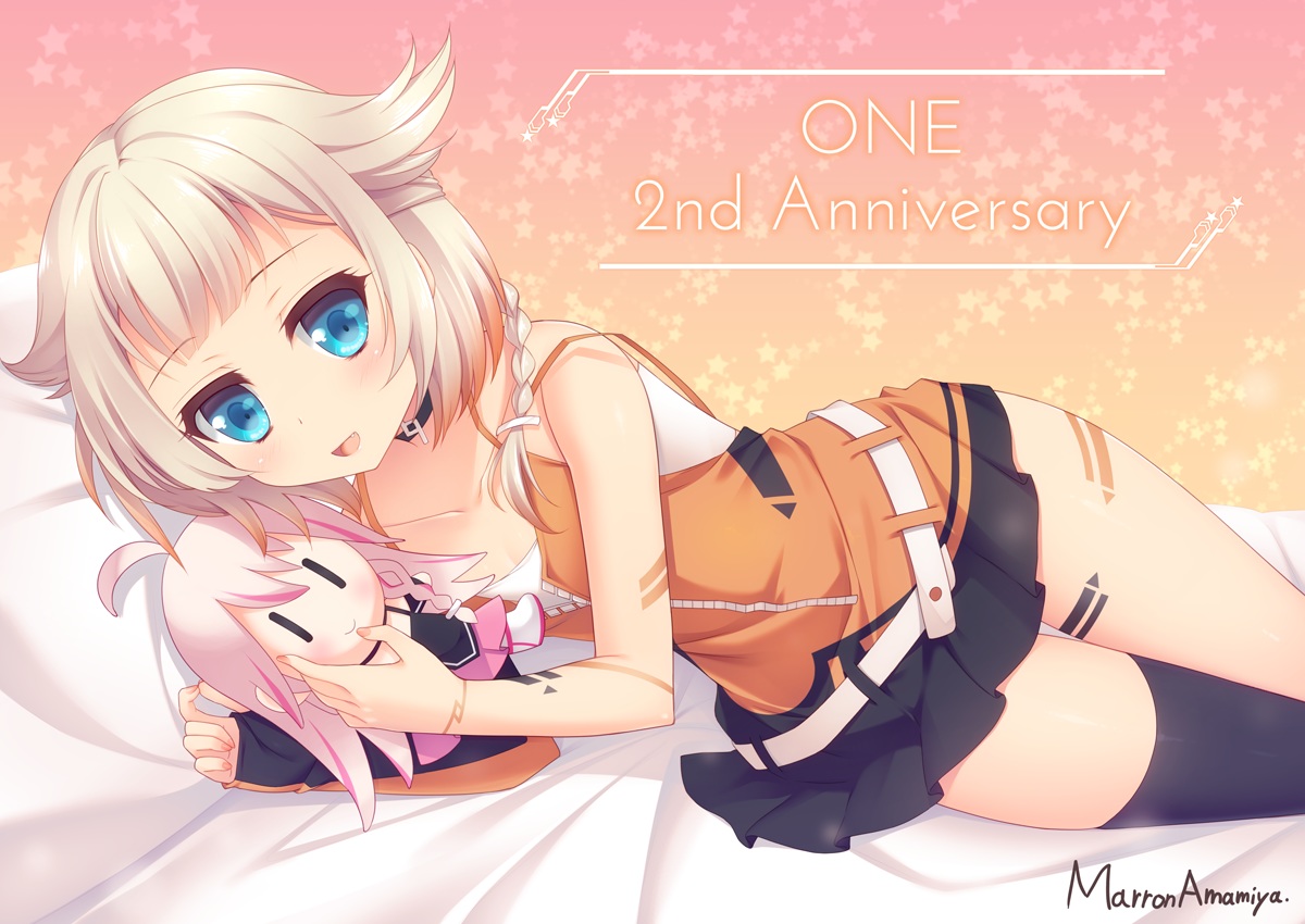 aqua_eyes, bed, blonde_hair, blush, braids, cevio, choker, doll, dress, fang, ia, maron_(1212ama), one_(cevio), short_hair, signed, skirt, thighhighs, vocaloid