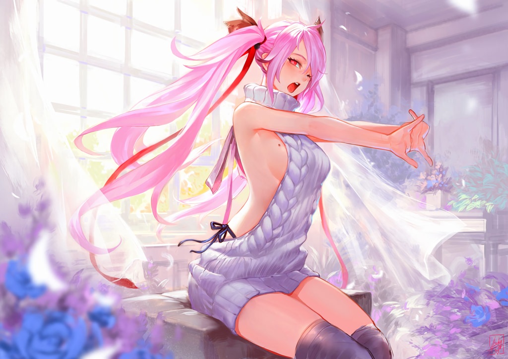 breasts, dress, flowers, long_hair, original, patipat_asavasena, pink_hair, red_eyes