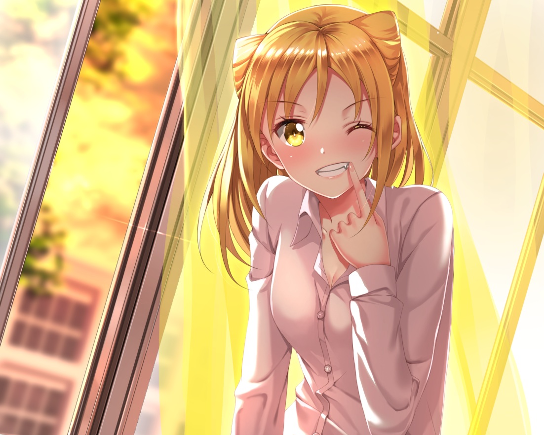 breasts, cleavage, cropped, demi-chan_wa_kataritai, fang, orange_hair, shirt, short_hair, sunset, swordsouls, takanashi_hikari, vampire, wink, yellow_eyes