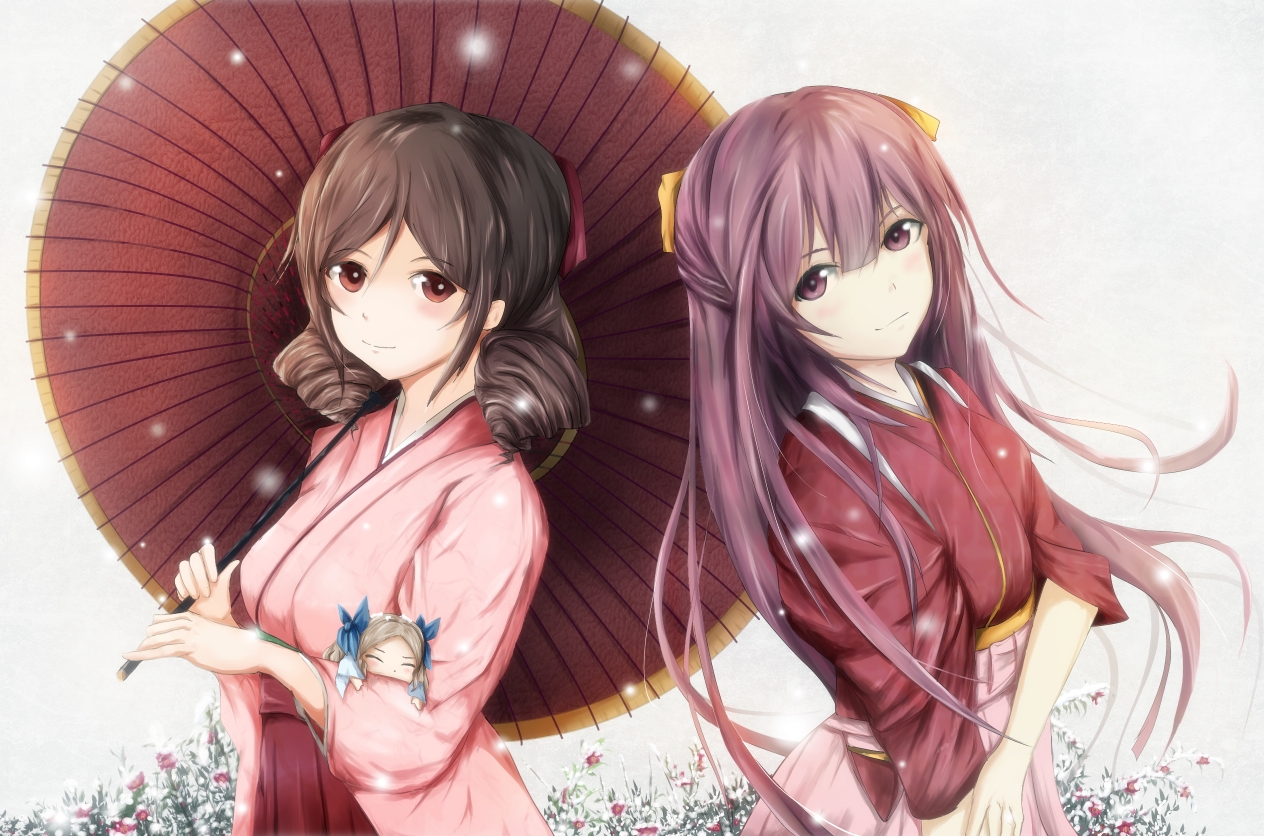 anthropomorphism, asakaze_(kancolle), brown_eyes, brown_hair, flowers, harukaze_(kancolle), japanese_clothes, kamikaze_(kancolle)