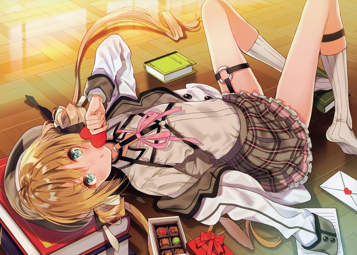 aqua_eyes, blonde_hair, blush, book, candy, chocolate, garter, harunoibuki