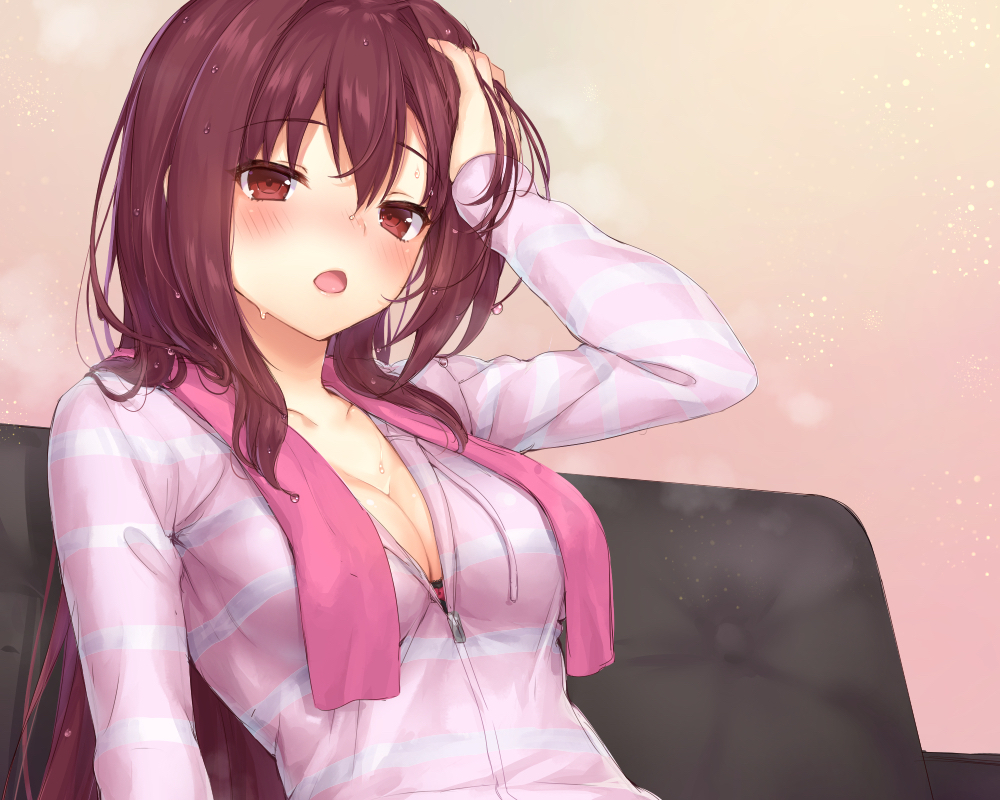 aliasing, blush, breasts, brown_hair, cleavage, cropped, fate/grand_order, fate_(series)