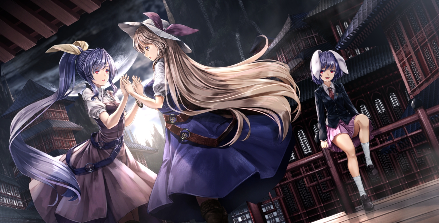 animal_ears, blonde_hair, blue_hair, boots, building, bunny_ears, bunnygirl, city