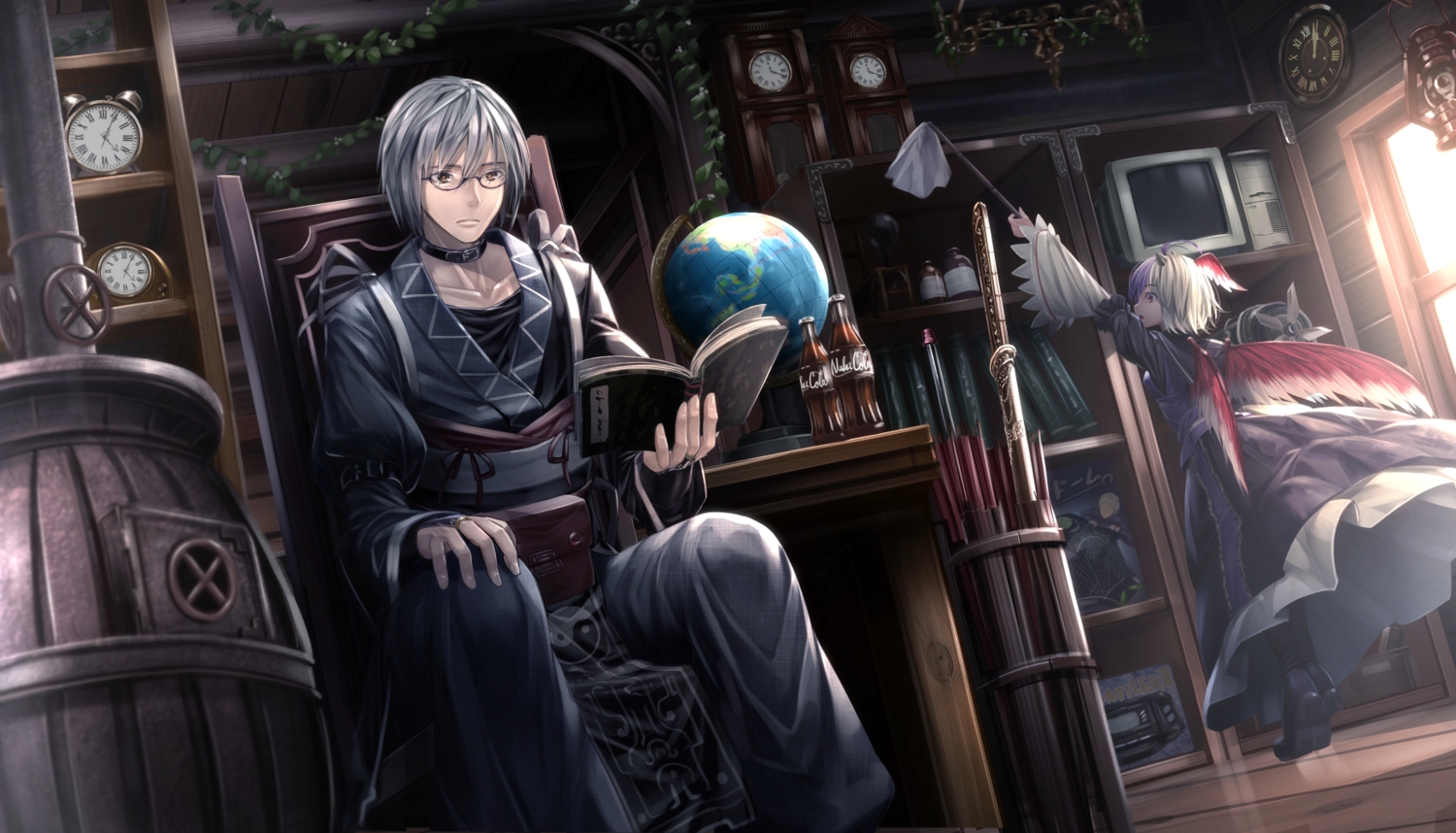 book, collar, dress, drink, fallout, glasses, green_eyes, horns