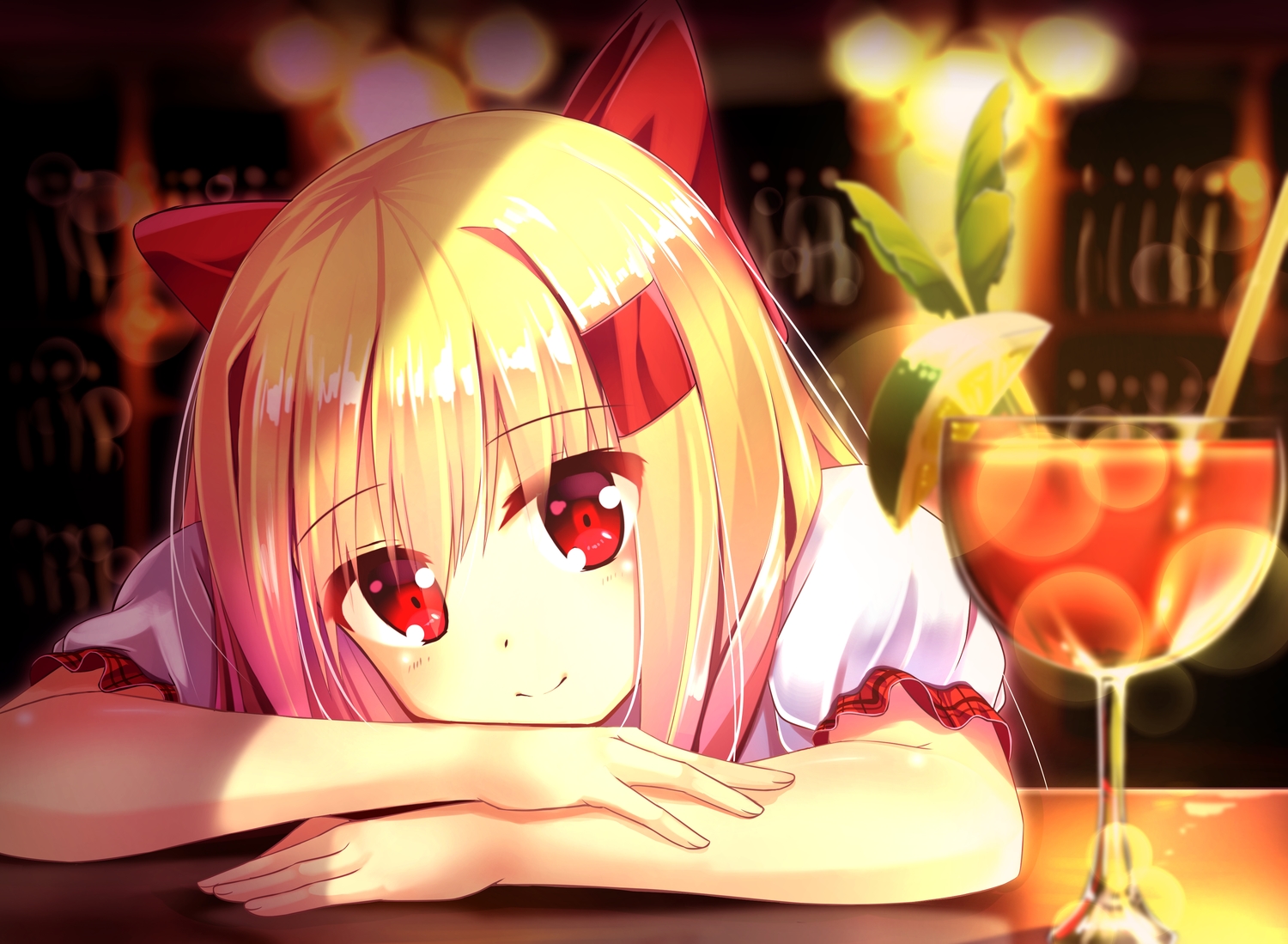 blonde_hair, bow, close, drink, original, red_eyes, yan_(nicknikg)