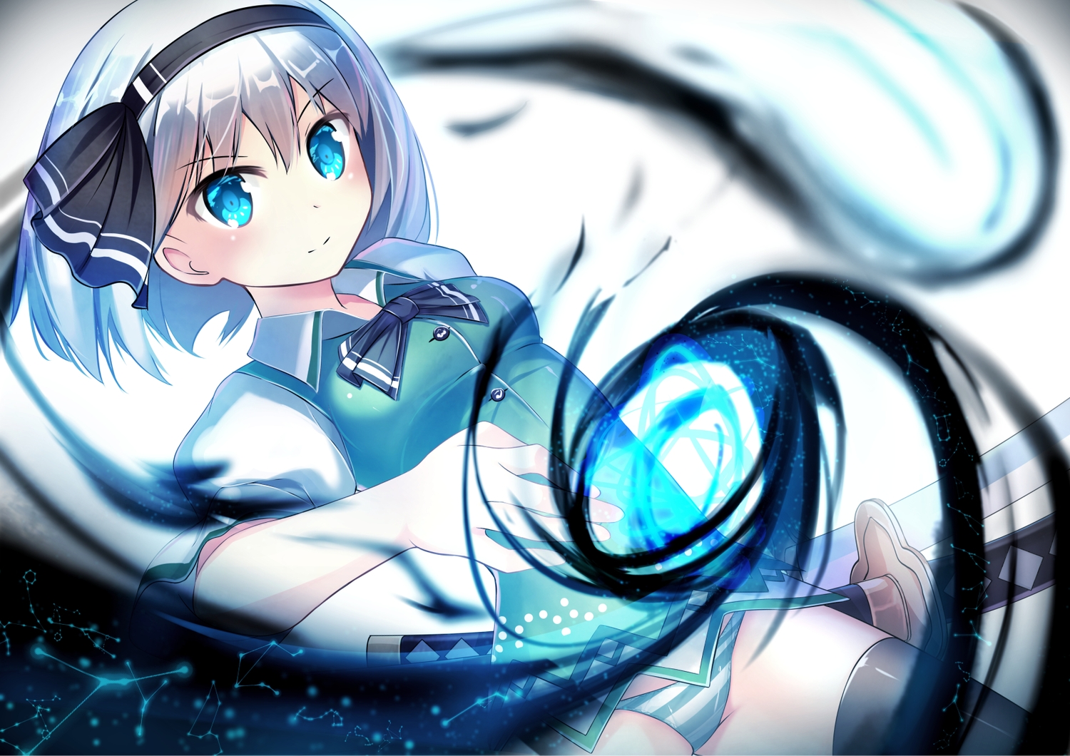 aqua_eyes, bow, headband, katana, konpaku_youmu, magic, myon, panties