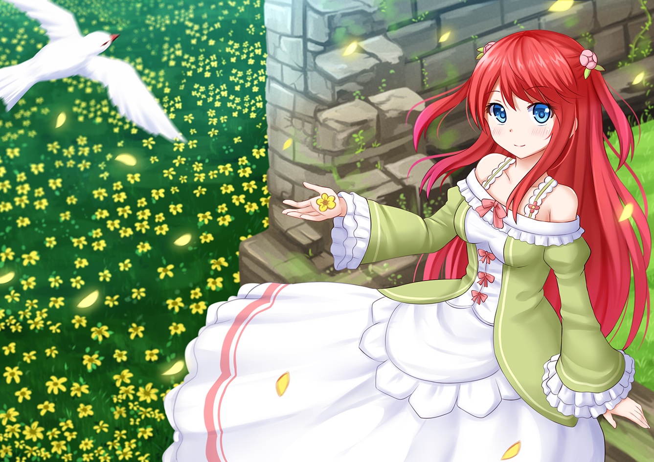 animal, bird, blue_eyes, flowers, kazenokaze, long_hair, red_hair, re:zero_kara_hajimeru_isekai_seikatsu