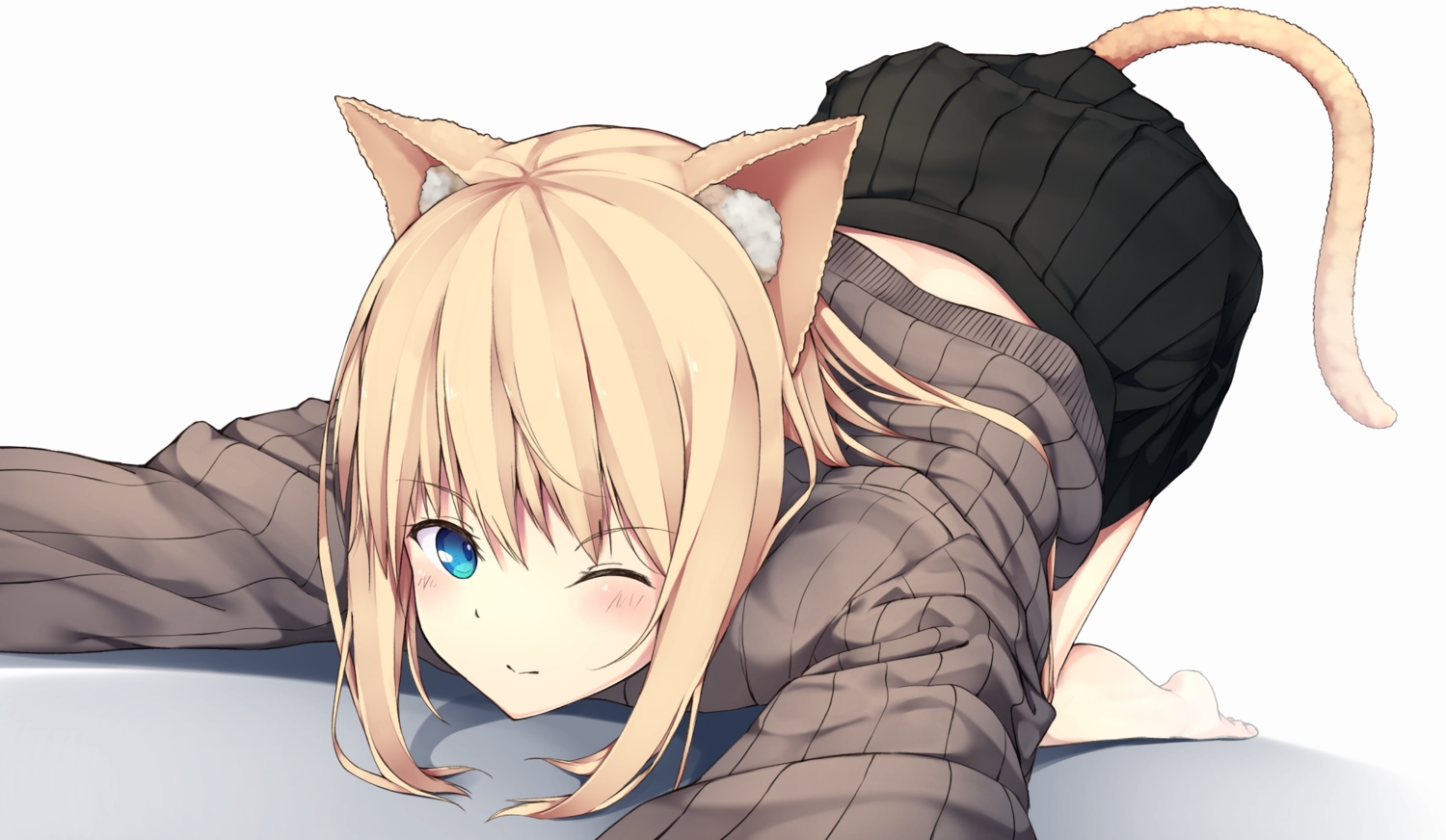 animal_ears, aqua_eyes, barefoot, blonde_hair, blush, catgirl, close, hiraba_6018, original, short_hair, skirt, tail, waifu2x, white, wink