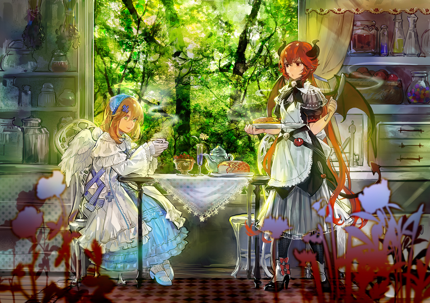 2girls, angel, apple, blonde_hair, bow, brown_eyes, chelan, demon, dialo, dress, drink, food, fruit, gloves, green_eyes, haiiro_teien, horns, maid, noir_(ibaraki), red_hair, short_hair, skull, tail, wings