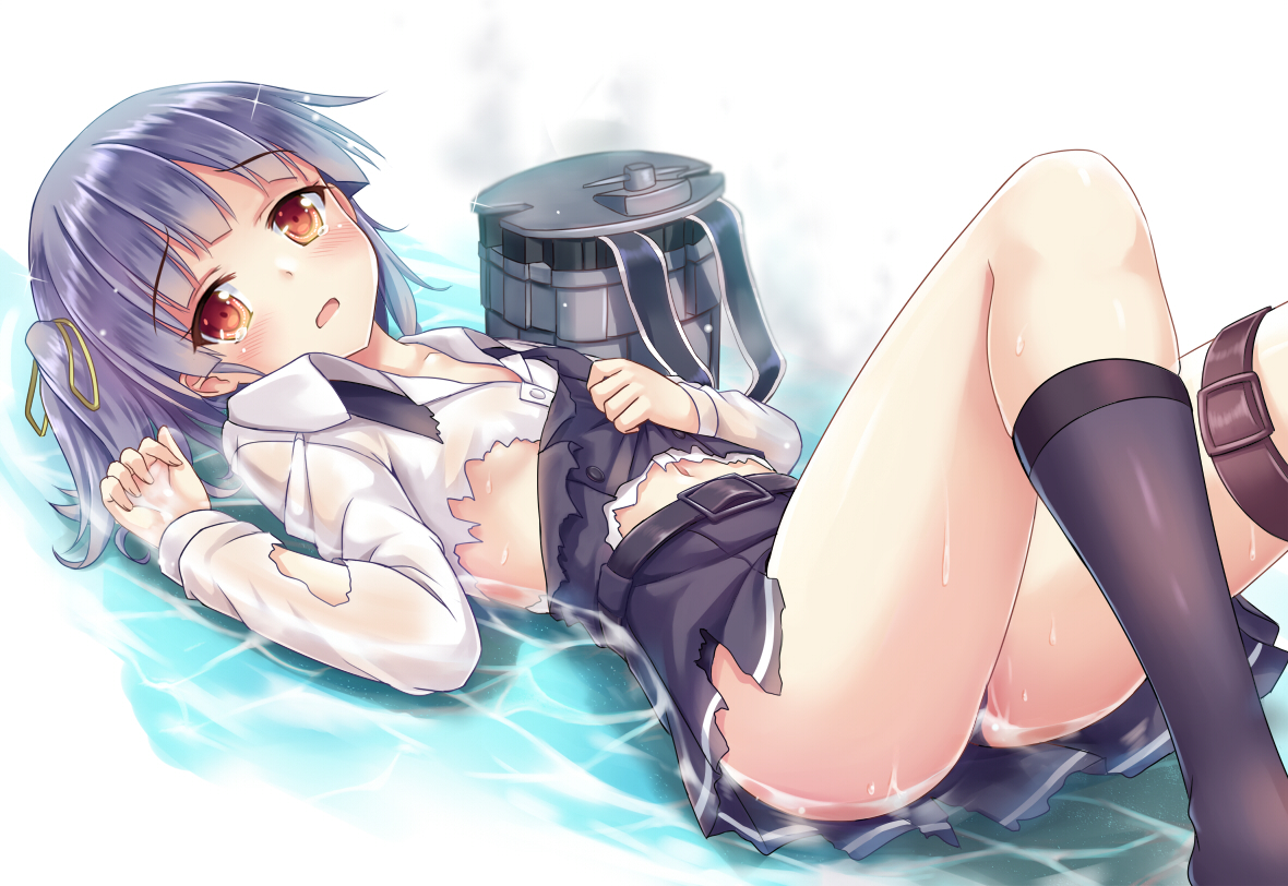 aliasing, anthropomorphism, blue_hair, blush, garter, kantai_collection, kneehighs, long_hair, navel, ooshio_(kancolle), ponytail, shimokirin, tears, torn_clothes, water, wet, yellow_eyes