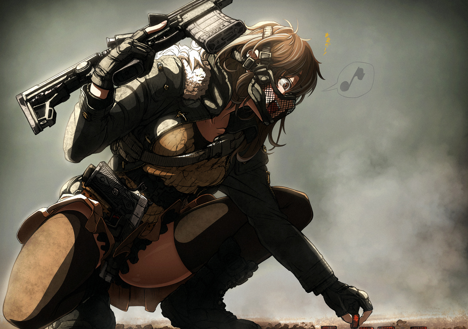 boots, brown_eyes, brown_hair, gloves, gradient, gun, imizu_(nitro_unknown), mask, military, original, thighhighs, weapon