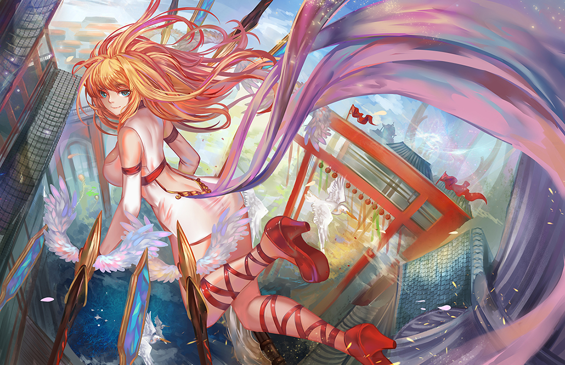 animal, aqua_eyes, bird, blonde_hair, hanh_chu, long_hair, original, ribbons