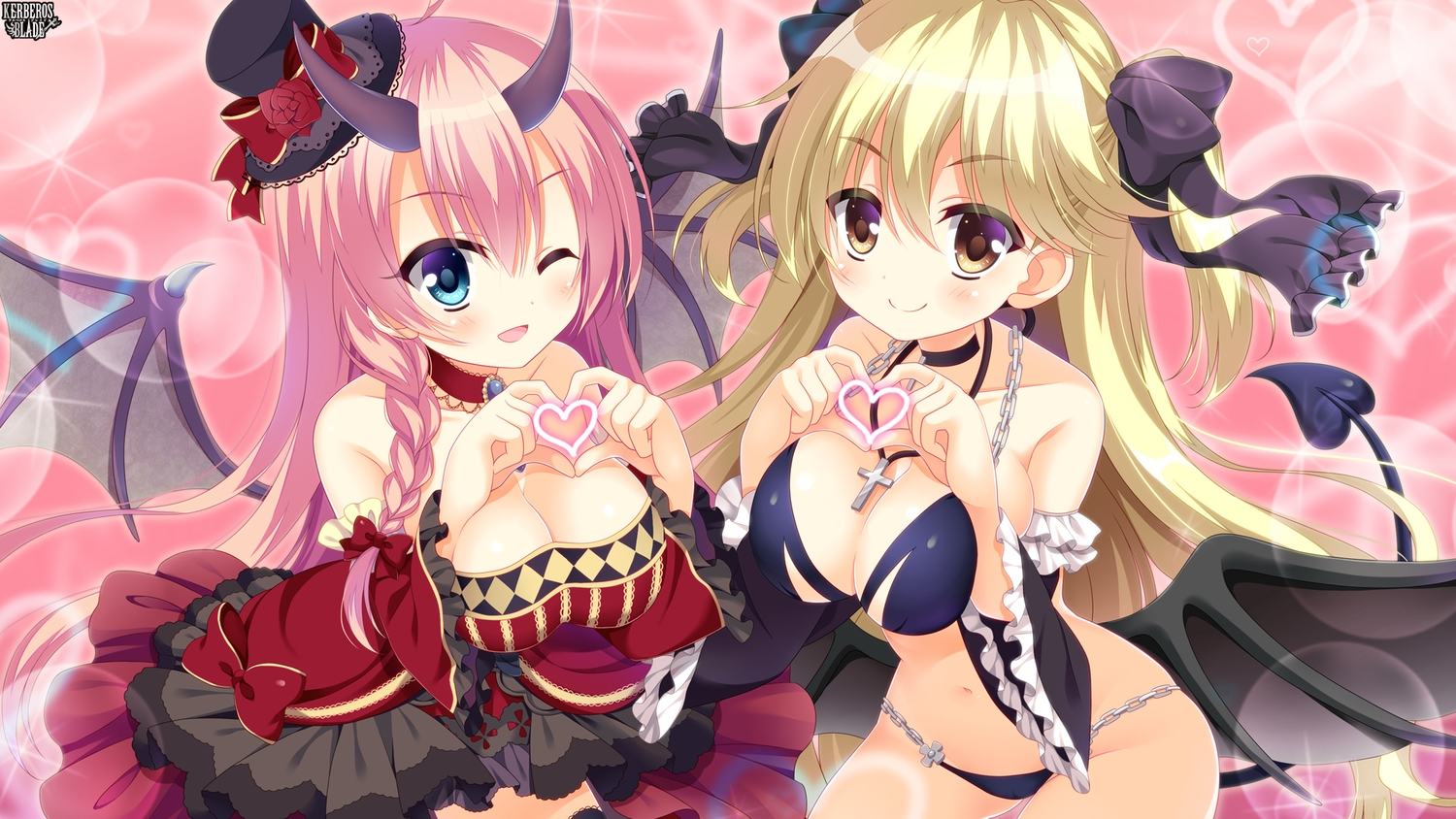 2girls, aqua_eyes, blonde_hair, blush, bow, braids, breasts, brown_eyes