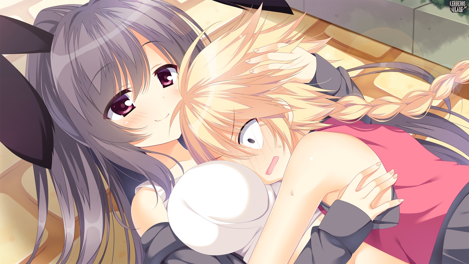 animal_ears, black_hair, blonde_hair, blush, braids, breasts, bunny_ears, bunnygirl
