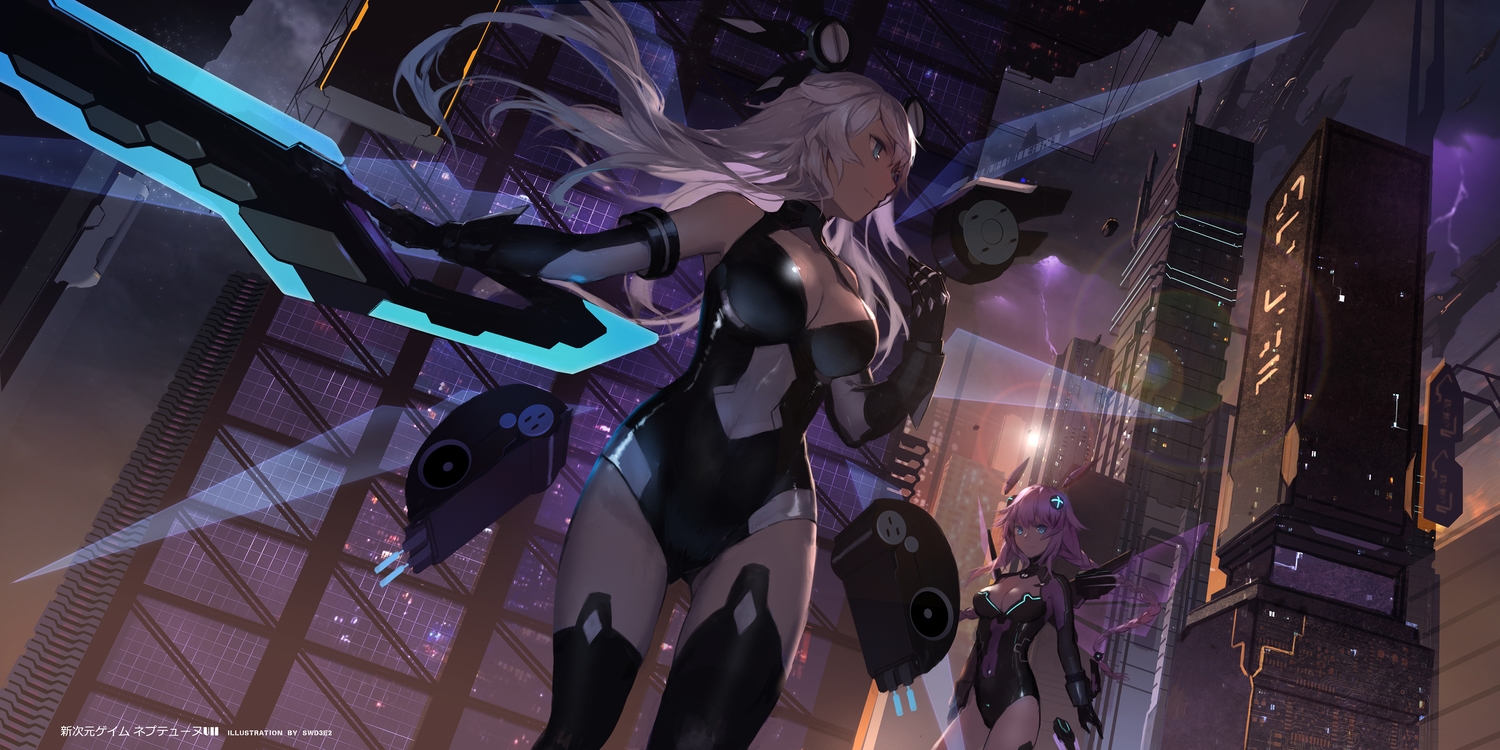 aircraft, aqua_eyes, black_heart, braids, breasts, building, elbow_gloves, gloves, gray_hair, hyperdimension_neptunia, hyperdimension_neptunia_vii, long_hair, neptune, noire, purple_hair, purple_heart, swd3e2, twintails, watermark, wings
