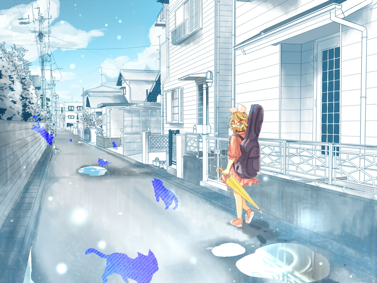animal, aqua_eyes, blonde_hair, building, cat, city, clouds, dress, headphones, instrument, kagamine_rin, ryou_(fallxalice), short_hair, silhouette, sky, umbrella, vocaloid, water