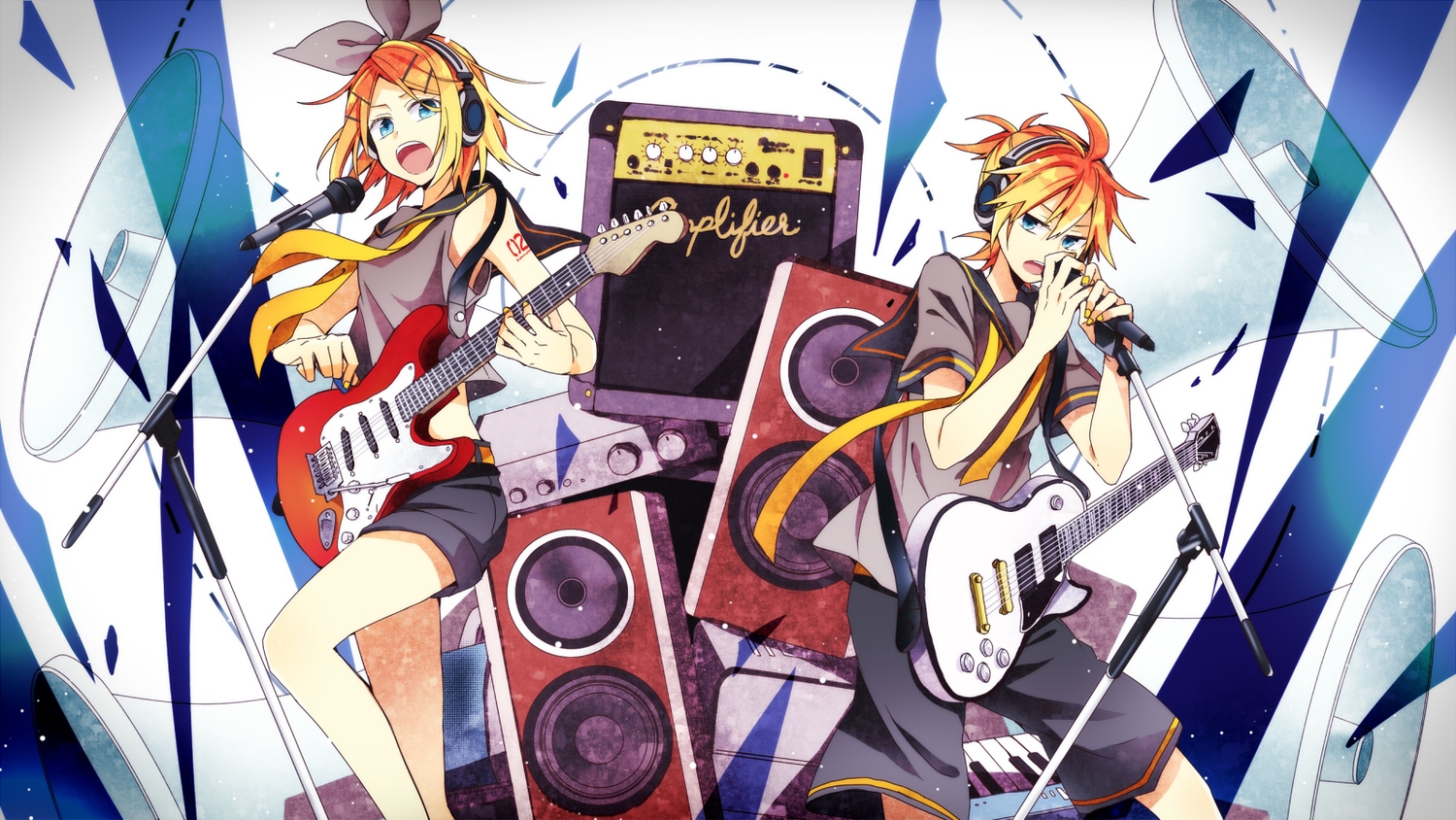 aqua_eyes, blonde_hair, guitar, headphones, instrument, kagamine_len, kagamine_rin, male