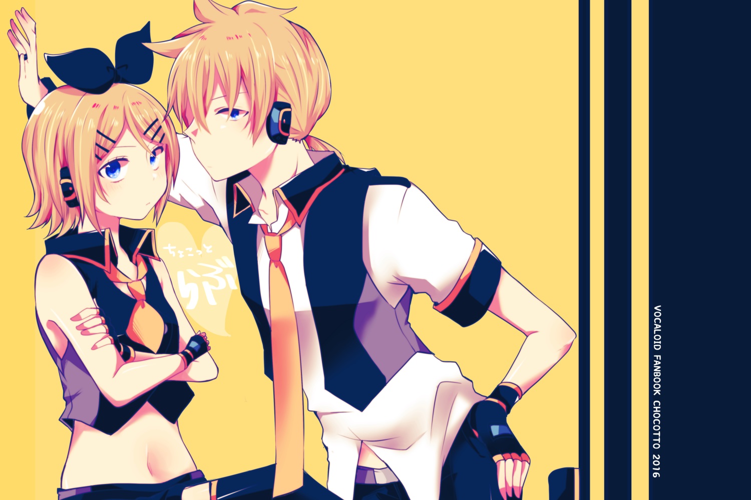 blonde_hair, blue_eyes, gloves, headphones, kagamine_len, kagamine_rin, male, monaco0704, navel, short_hair, tie, vocaloid, watermark