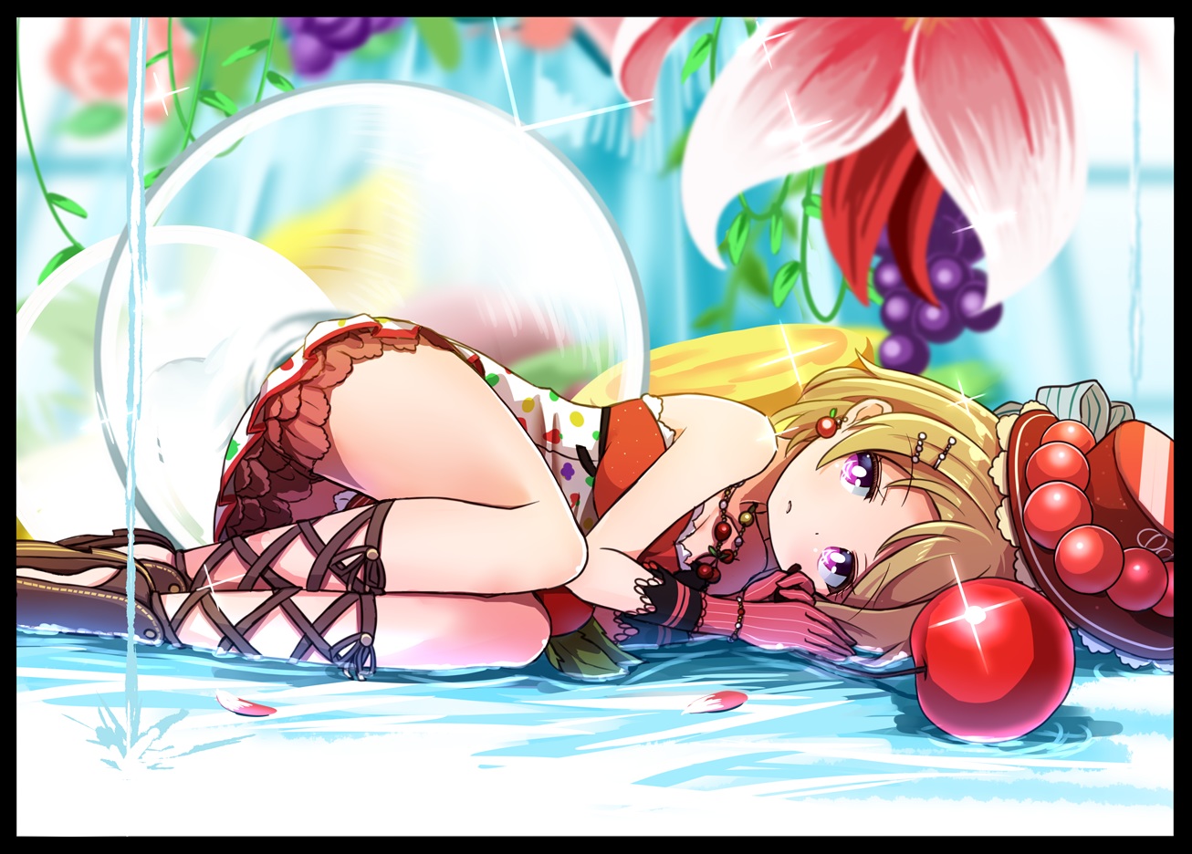 blonde_hair, cherry, dress, food, fruit, gloves, hat, koizumi_hanayo, love_live!_school_idol_project, necklace, petals, purple_eyes, shikei_(jigglypuff), short_hair, water