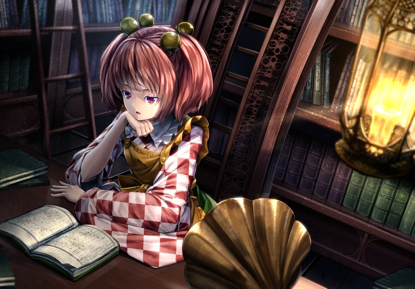 apron, bell, book, bow, instrument, motoori_kosuzu, red_eyes, red_hair