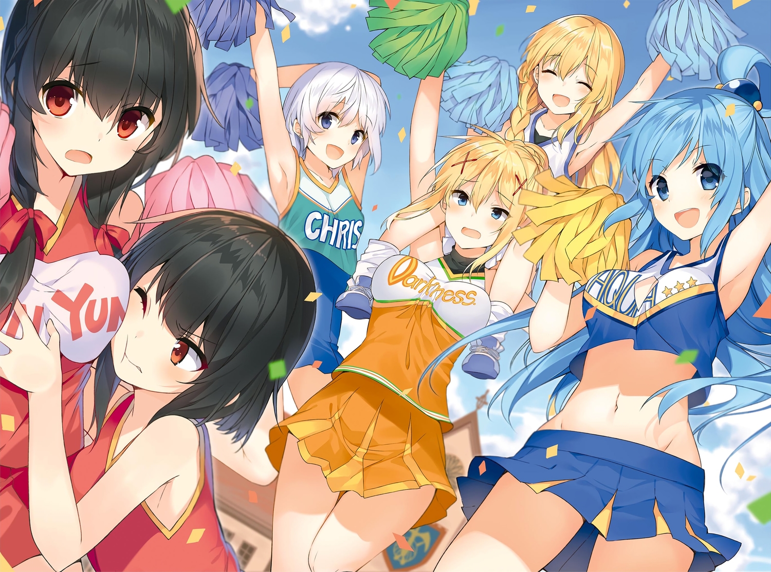 aqua_(konosuba), cheerleader, chris_(konosuba), darkness_(konosuba), group, iris_(konosuba), kono_subarashii_sekai_ni_shukufuku_wo!, megumin, mishima_kurone, yunyun_(konosuba)
