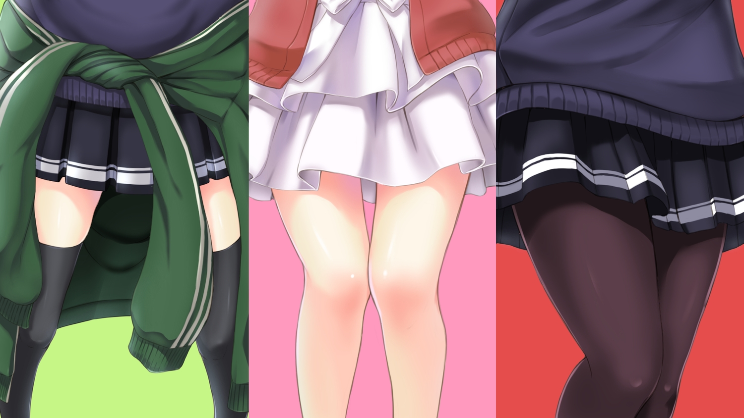 bashosho, close, green, kasumigaoka_utaha, katou_megumi, pantyhose, pink, red, saenai_heroine_no_sodatekata, sawamura_spencer_eriri, skirt, thighhighs, zettai_ryouiki