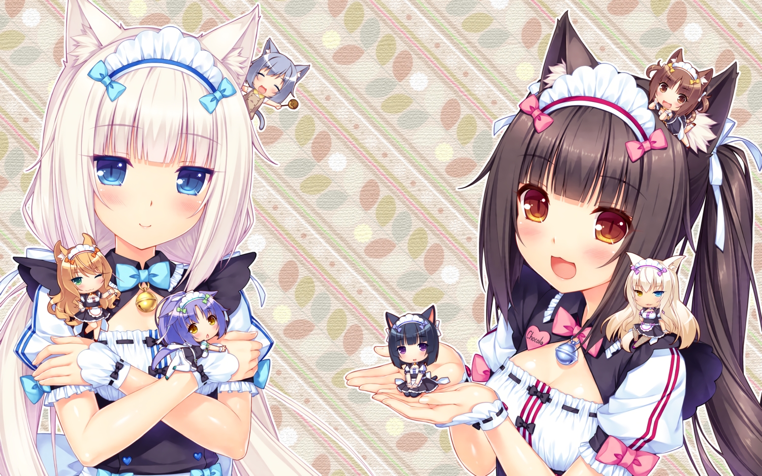 aliasing, animal_ears, azuki_(sayori), catgirl, chibi, chocola_(sayori), cinnamon_(sayori), coconut_(sayori)
