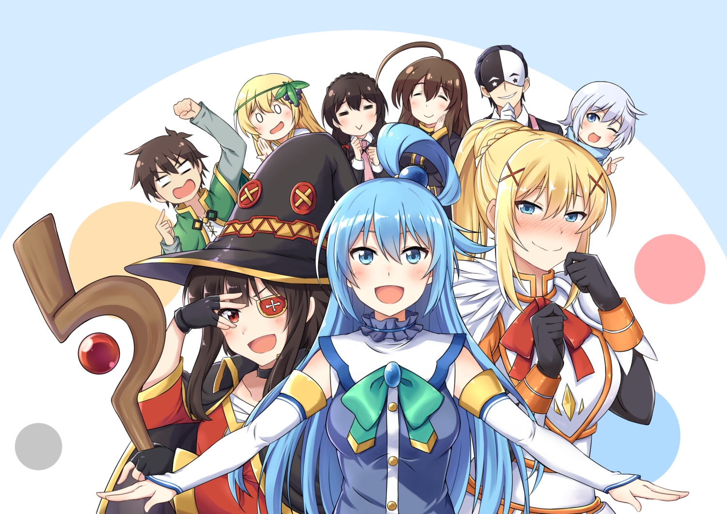 aliasing, aqua_eyes, aqua_hair, aqua_(konosuba), black_hair, blonde_hair, blush, braids, brown_eyes, chris_(konosuba), darkness_(konosuba), eyepatch, gloves, gray_hair, hat, iris_(konosuba), kono_subarashii_sekai_ni_shukufuku_wo!, long_hair, male, mask, megumin, naginoya, satou_kazuma, scar, short_hair, vanir, witch_hat, wiz_(konosuba), yunyun_(konosuba)