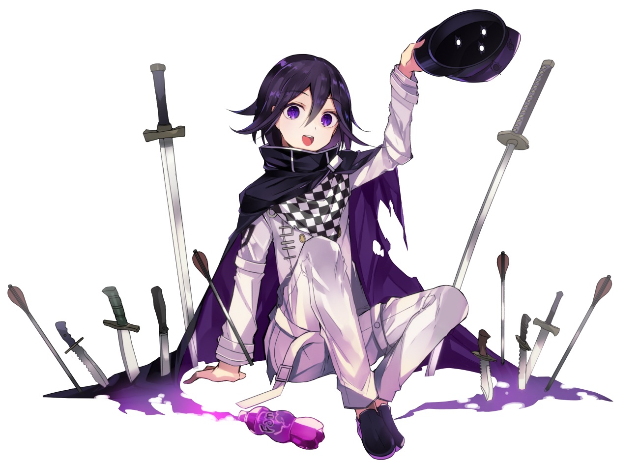 all_male, black_hair, cape, dangan-ronpa, drink, hat, katana, knife