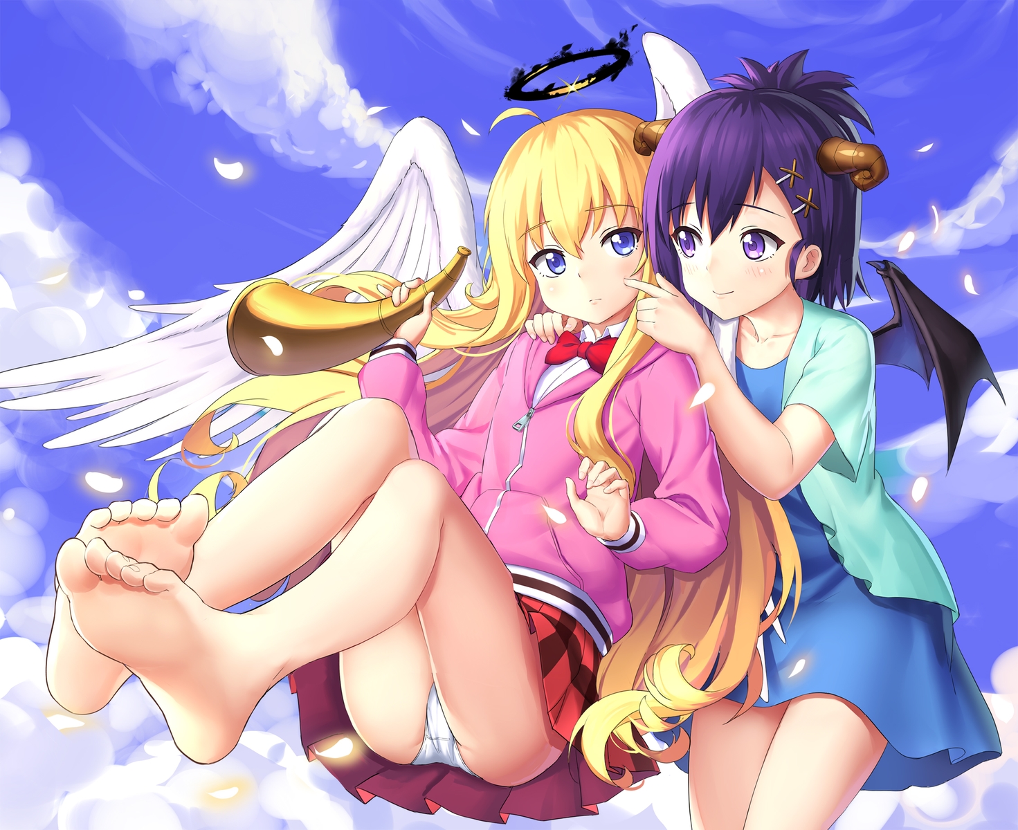 2girls, angel, barefoot, blonde_hair, blush, bow, clouds, dress