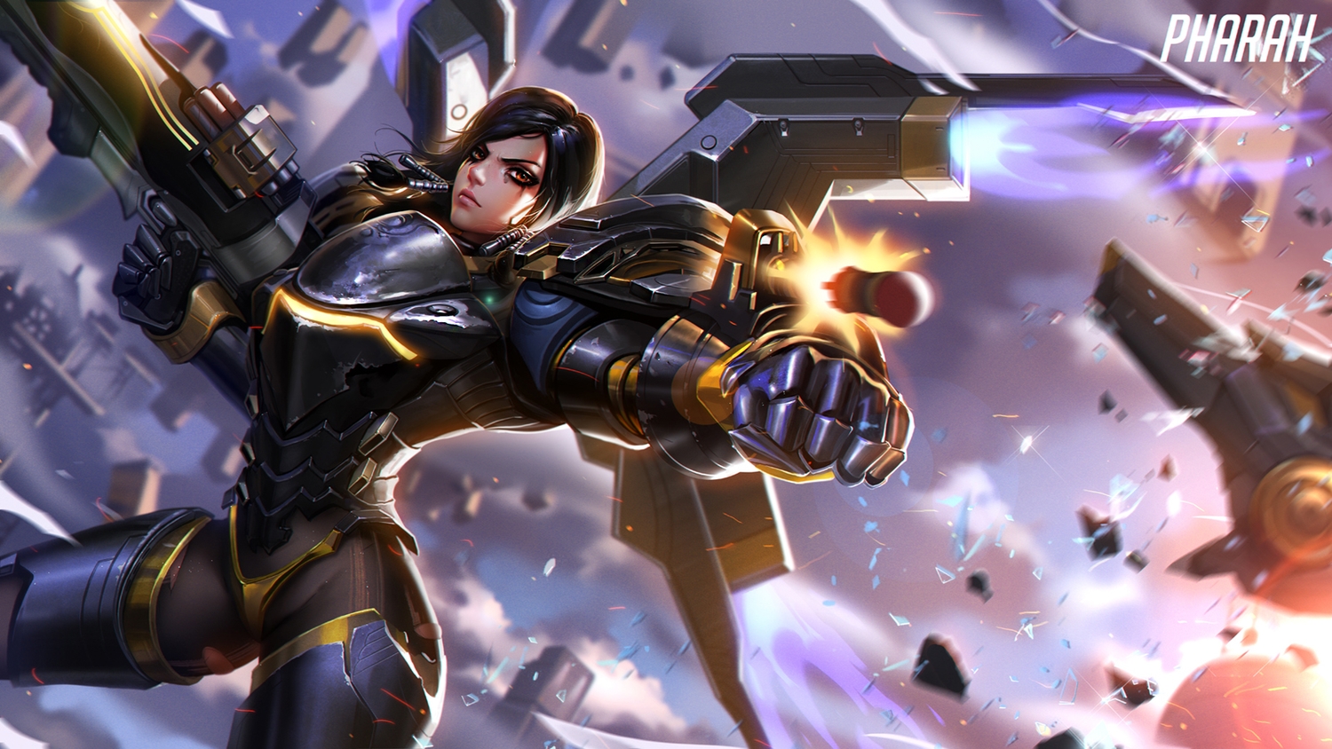 armor, black_hair, bodysuit, gun, liang_xing, mechagirl, orange_eyes, overwatch