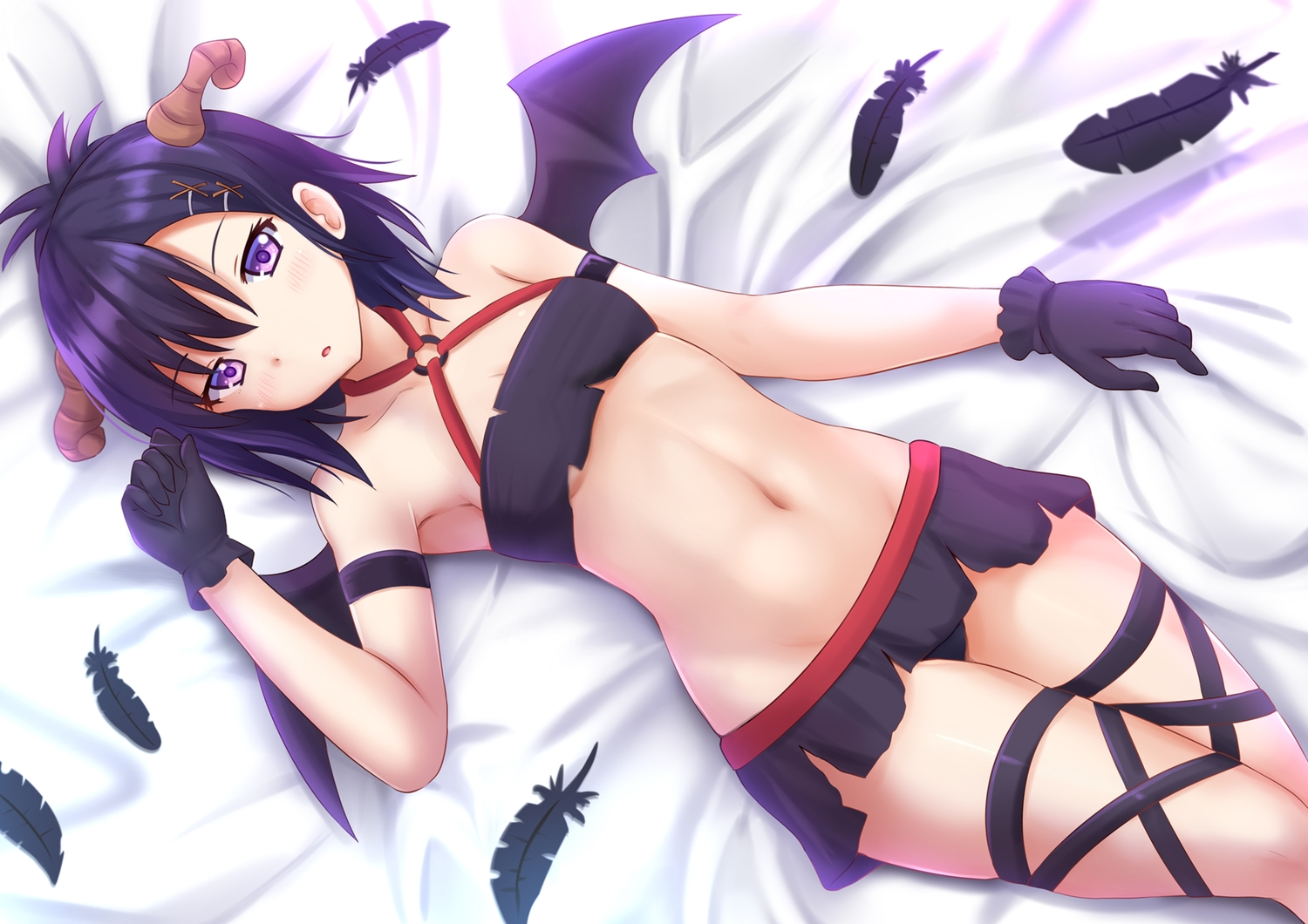 blush, breasts, feathers, gabriel_dropout, horns, kazenokaze, navel, panties, purple_eyes, purple_hair, short_hair, skirt, underwear, vignette_tsukinose_april, wings