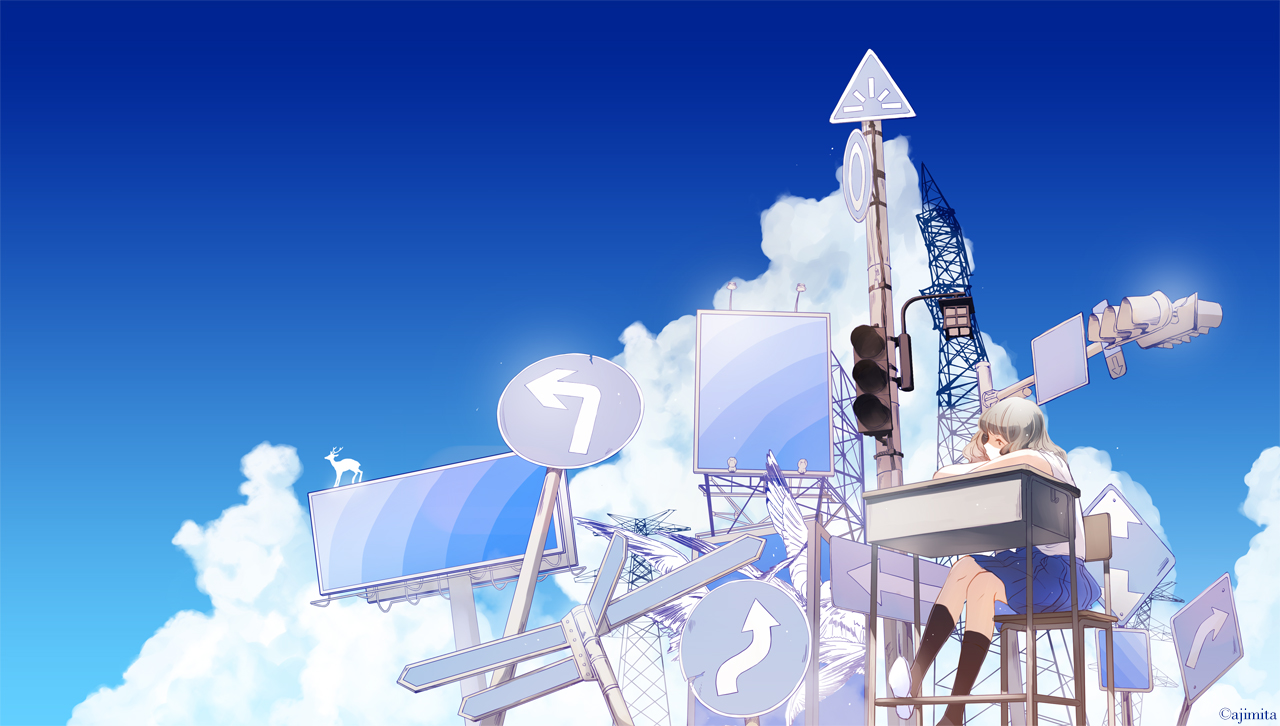 ajimita, clouds, kneehighs, original, school_uniform, short_hair, skirt, sky
