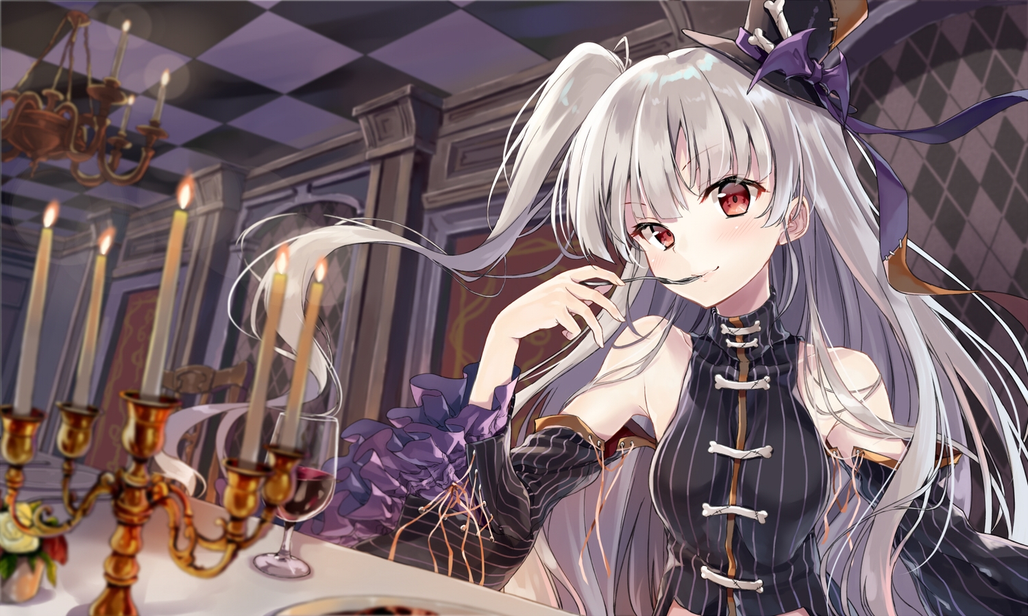 blush, drink, fire, flowers, gray_hair, hat, kakao_rantan, long_hair